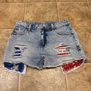 Limited Too Girls Acid Wash Distressed Sequin American Flag Denim Shorts Size 12